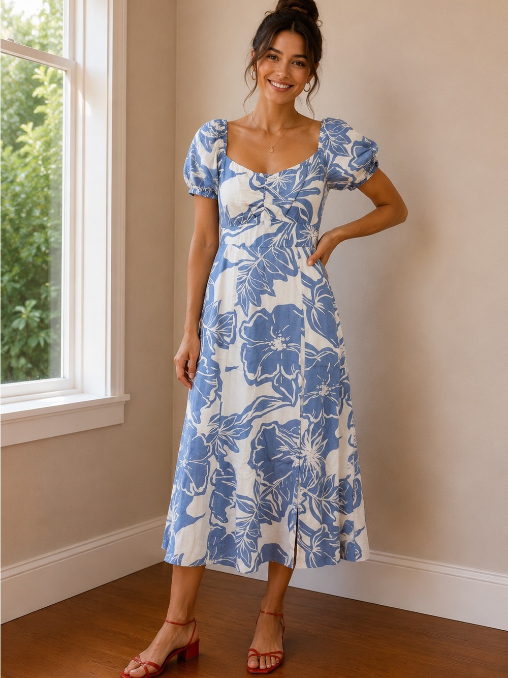 Jessica Simpson Blue/Purple & White Floral Puff-Sleeve Midi Dress